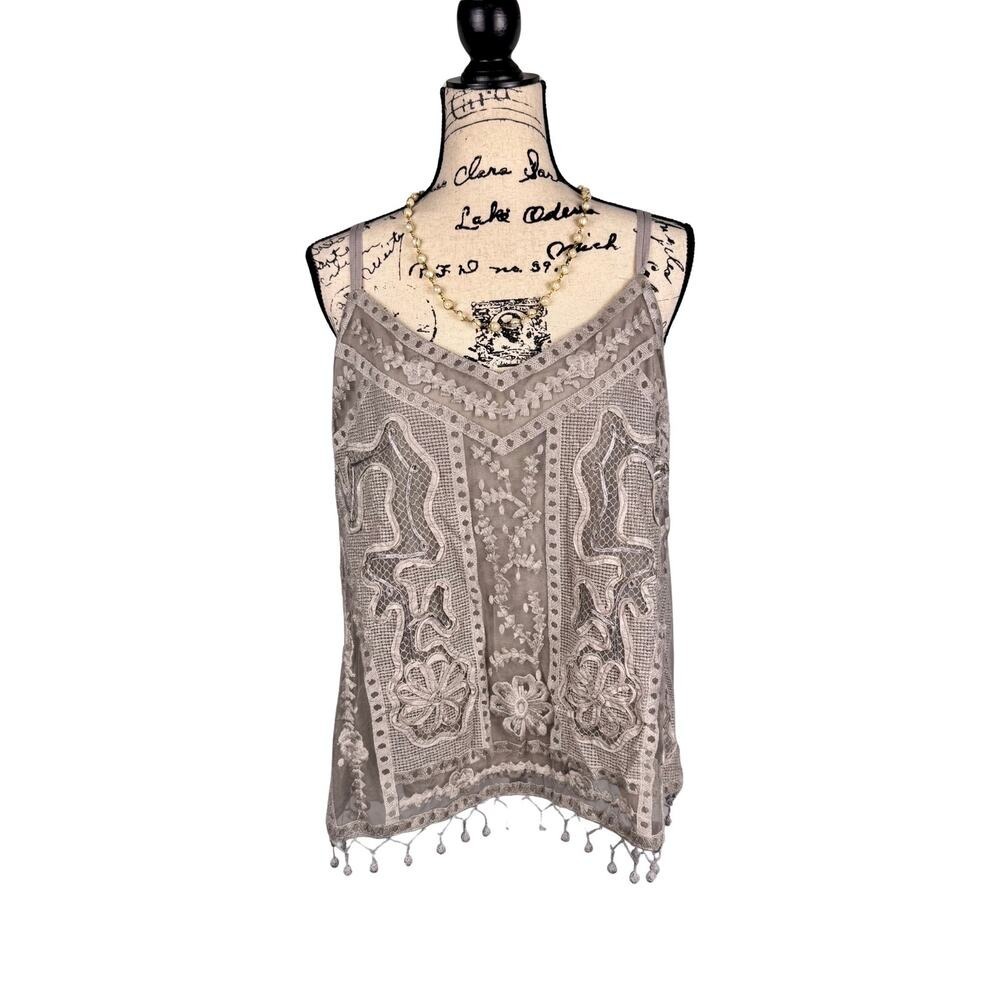Soft Surroundings Cotton Tank Embroidered Ribbon Appliqués Lined Sz L Pompon Hem